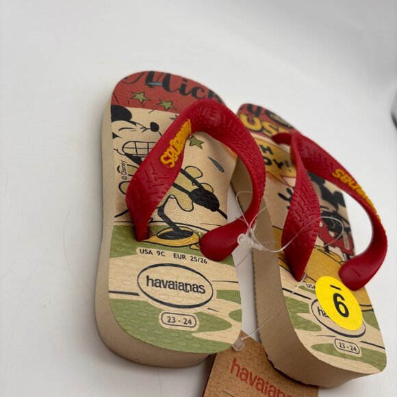 Havaianas Disney Retro Mickey Mouse Print Toddler Flip Flops Beige/Red Size 9C - Picture 3 of 10